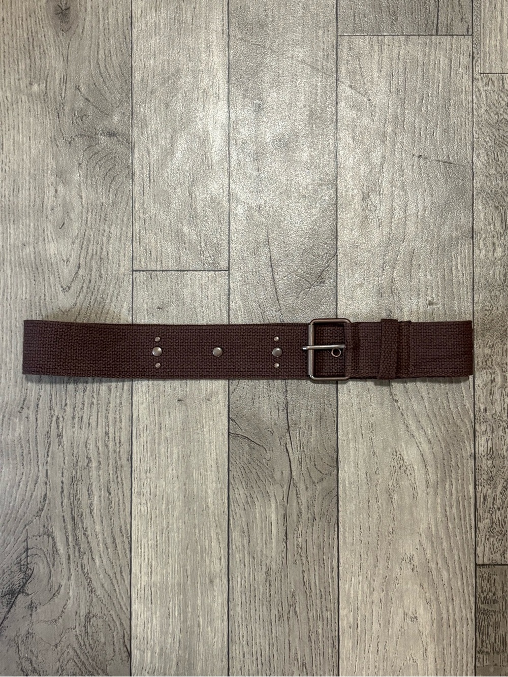 Brown Woven Canvas Belt with Studs and Bronze Metal Buckle